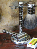 Razor, stand and brush. Spiraled Chrome finish - Bundubeard