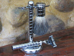 Razor, stand and brush. Spiraled Chrome finish - Bundubeard